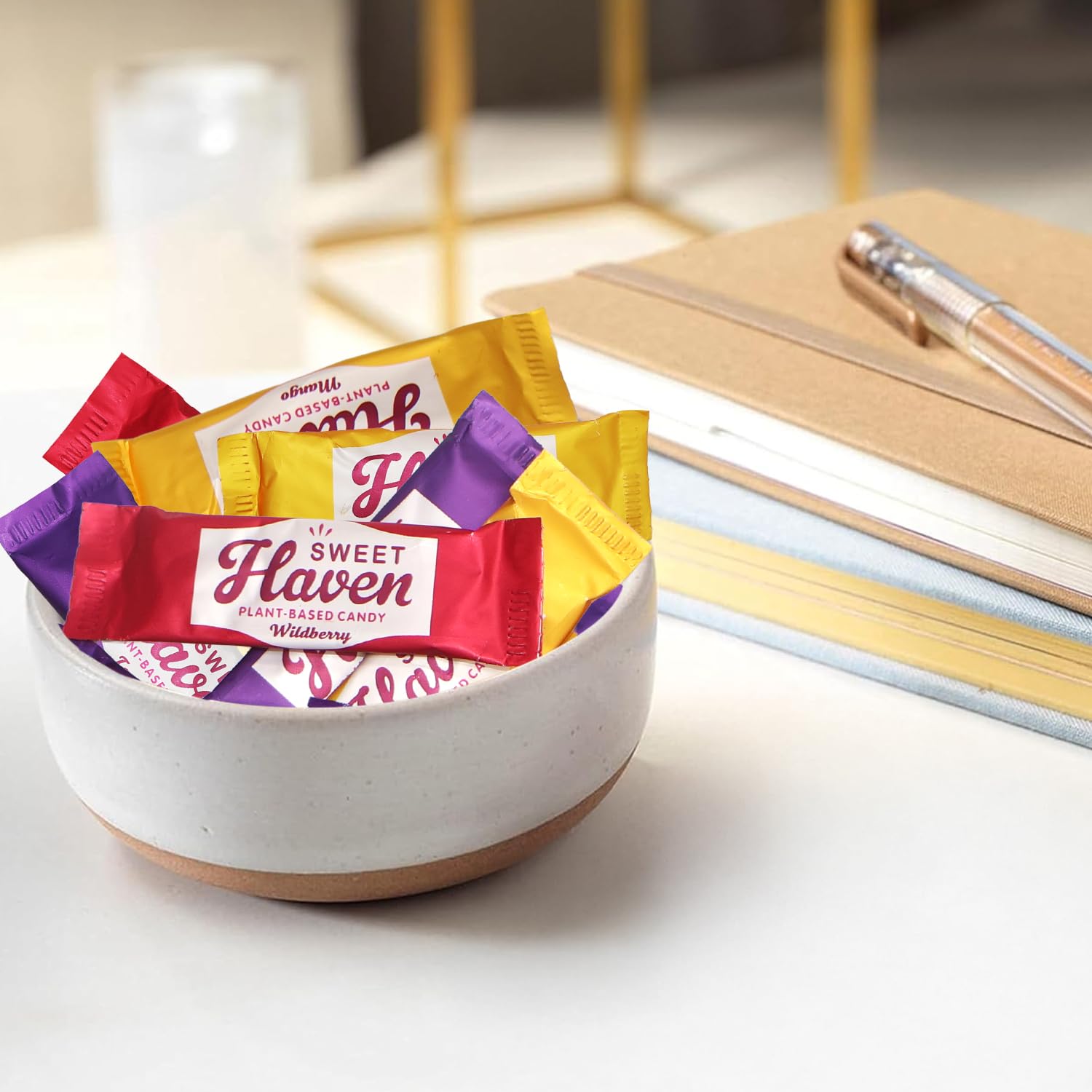 Taboom taffy in a candy bowl showing vibrant colors and festive display