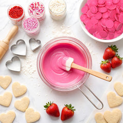 Taboom pink wafer dipped strawberry in use showing even coating benefit