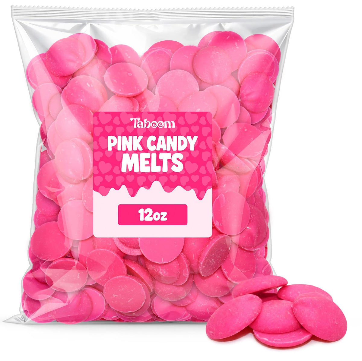 Taboom pink wafer front packaging showing 12 oz bag and clear label benefit