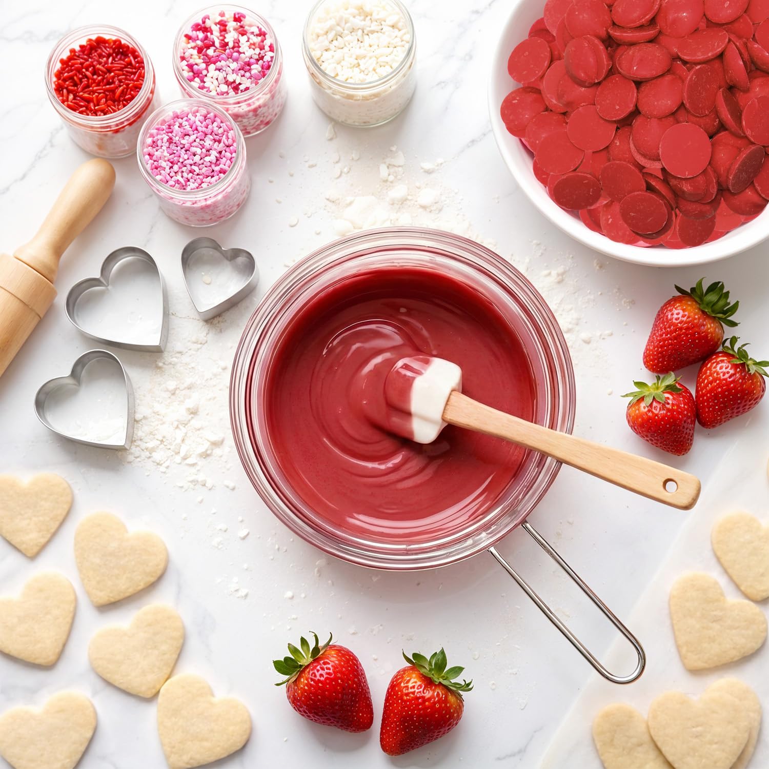 Taboom red melts used dipping strawberries demonstrating vibrant color and easy use