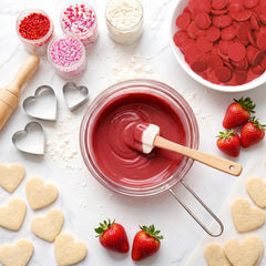 Taboom red melts used dipping strawberries demonstrating vibrant color and easy use