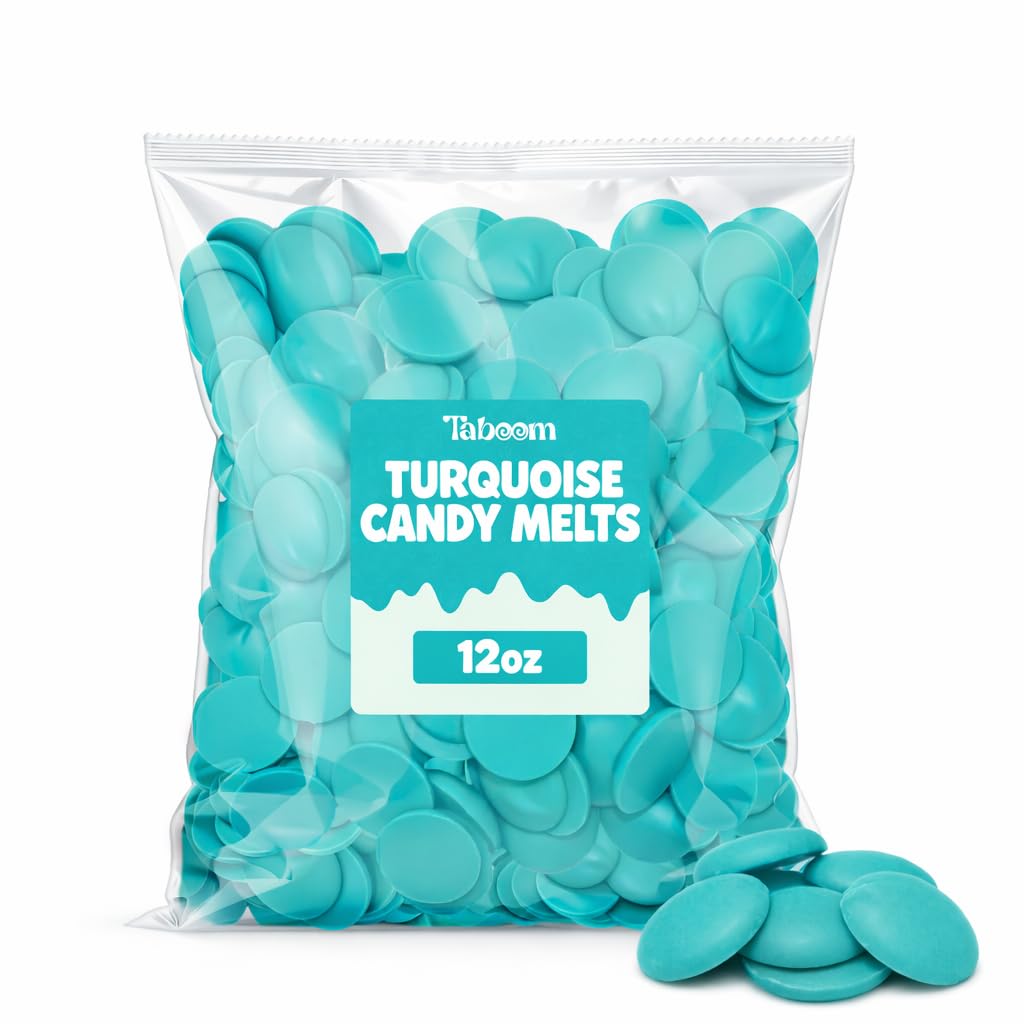 Taboom turquoise candy melts front packaging showing teal wafers and vivid color for bright desserts