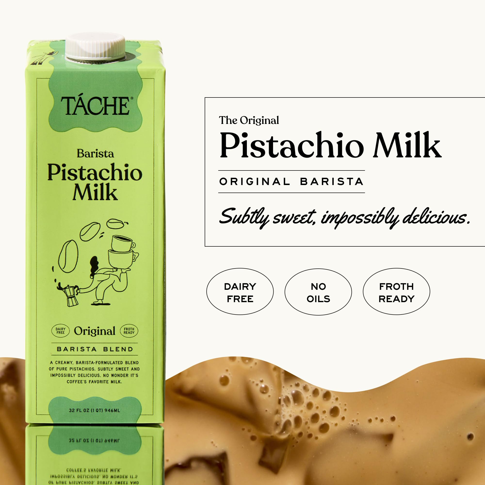 Táche close-up label displaying real pistachios and clean-ingredient benefit