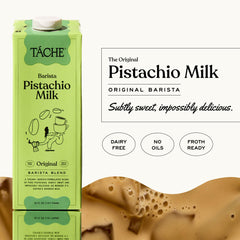Táche close-up label displaying real pistachios and clean-ingredient benefit