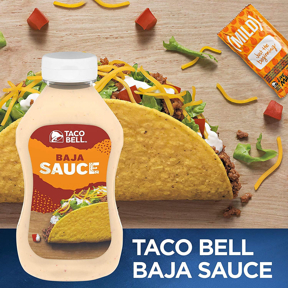Taco Bell Baja Sauce pouring close-up showing creamy texture and drizzle benefit