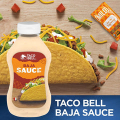Taco Bell Baja Sauce pouring close-up showing creamy texture and drizzle benefit