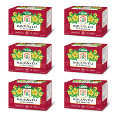 Cup of Tadin Damiana Tea steeping, displays aromatic steam and calming ritual