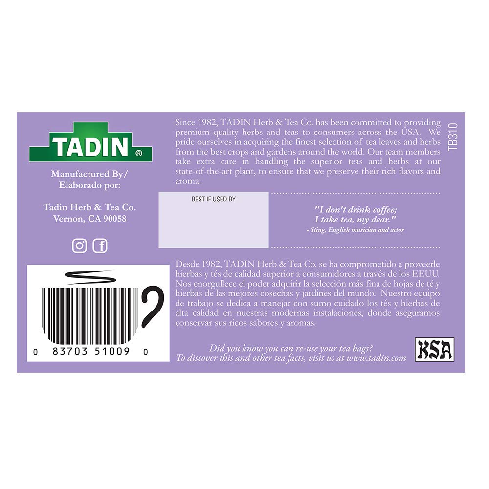 Tadin tea boxes next to a ruler to illustrate pack size and tea bag quantity