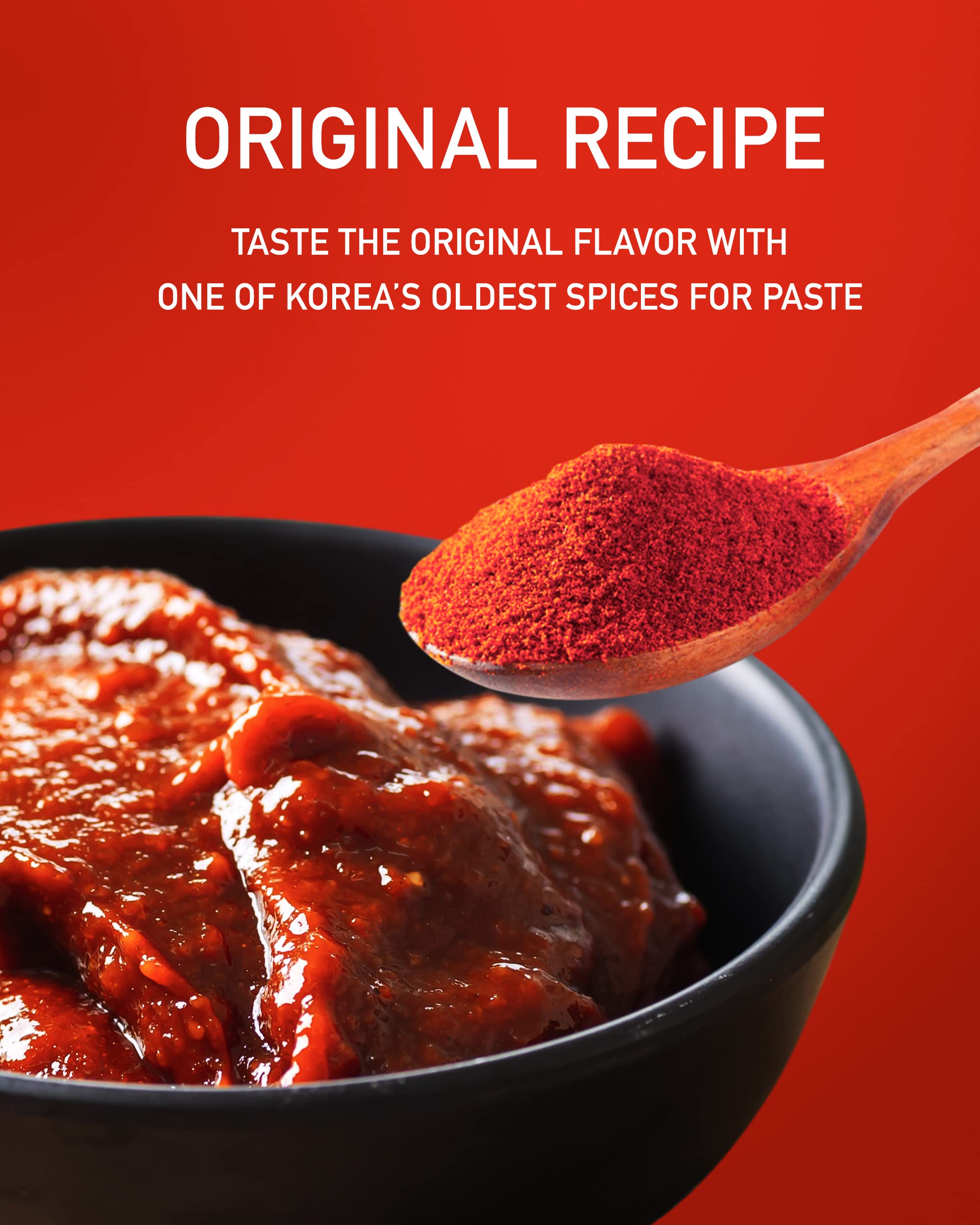 Taekyung spoon adding powder into gochujang paste for rich color