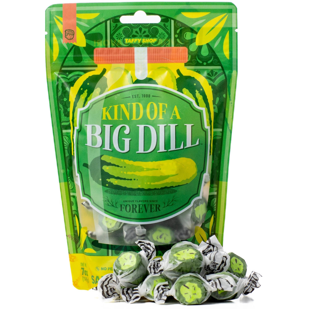 Taffy Shop front packaging of Kind Of a Big Dill showcasing brand and tangy appeal