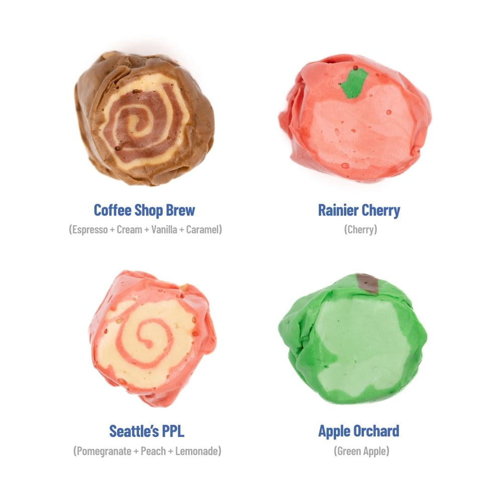 Taffy Shop label featuring Space Needle graphic and clear flavor variety cues