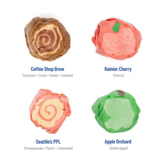 Taffy Shop label featuring Space Needle graphic and clear flavor variety cues