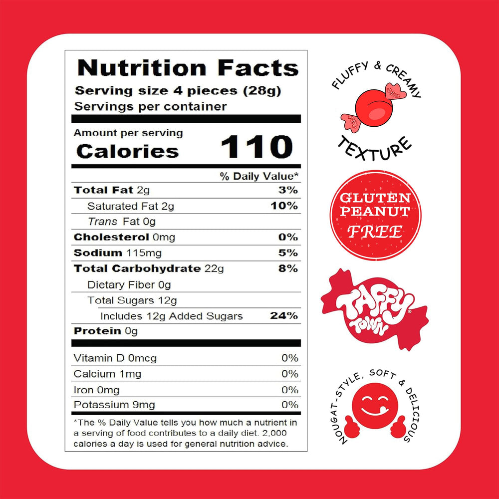Taffy Town label and ingredient panel highlighting allergen-free benefits