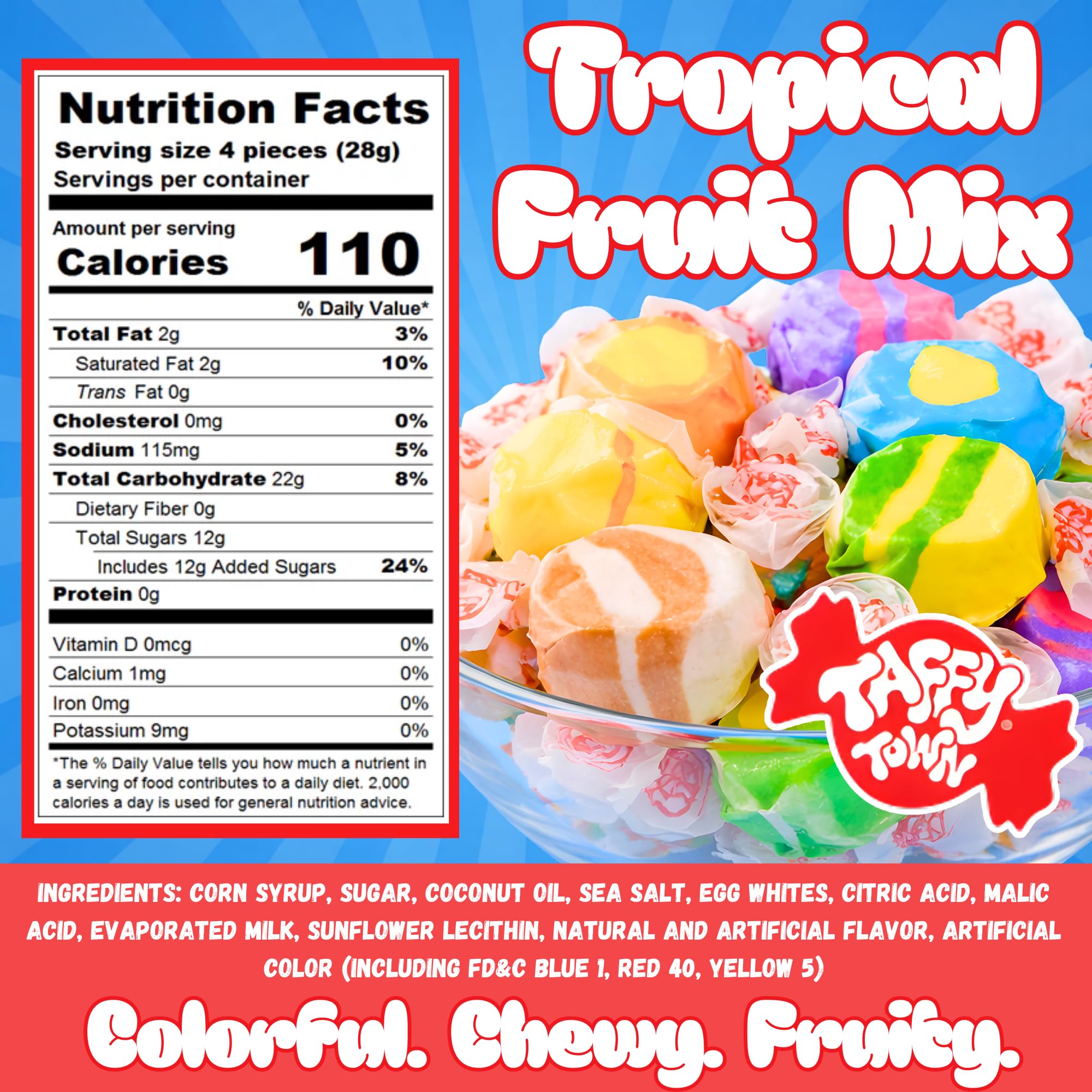 Taffy Town tropical flavor assortment arranged, six distinct fruity options visible