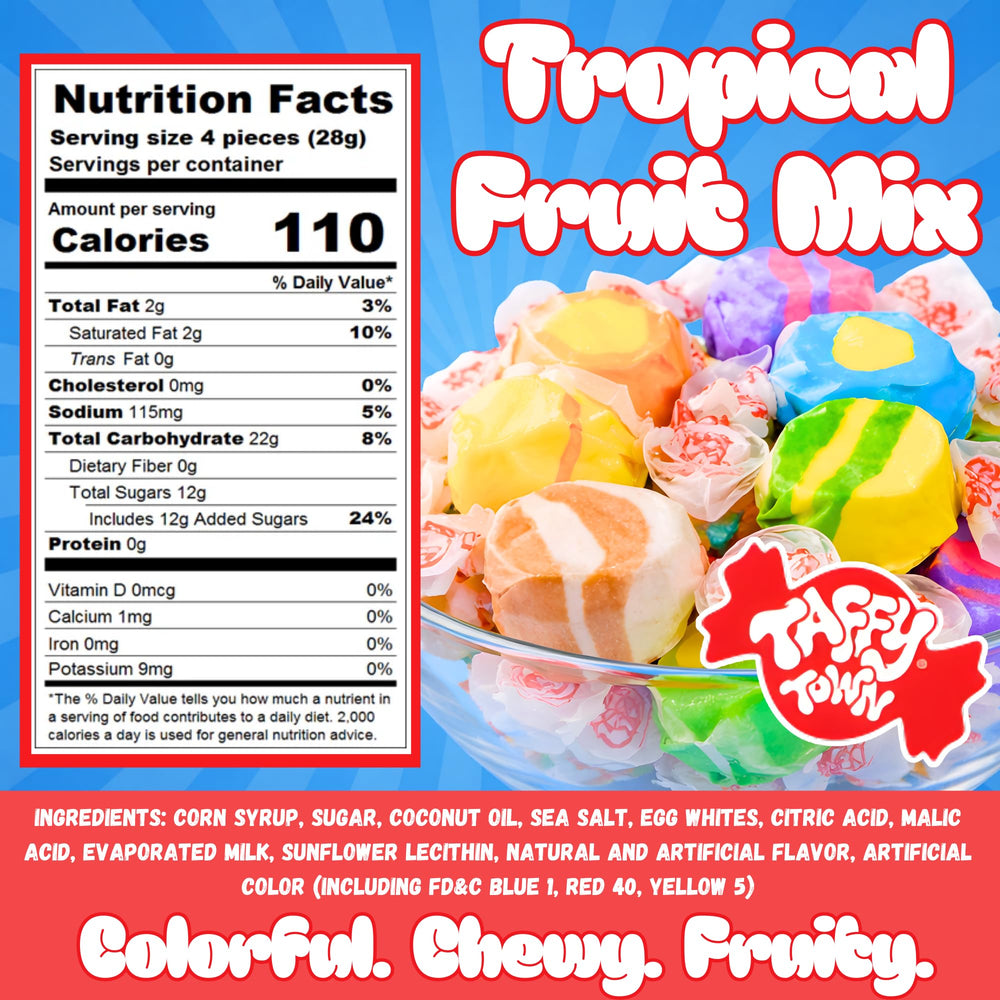 Taffy Town tropical flavor assortment arranged, six distinct fruity options visible
