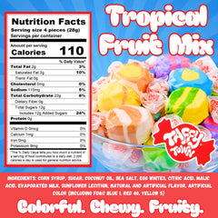 Taffy Town tropical flavor assortment arranged, six distinct fruity options visible