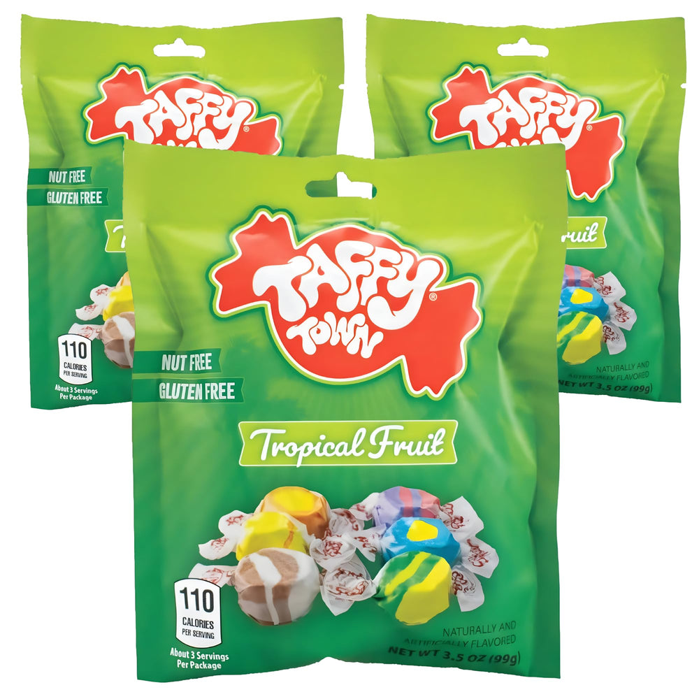 Taffy Town front packaging showing three 3.5 oz tropical pack, convenient portioning