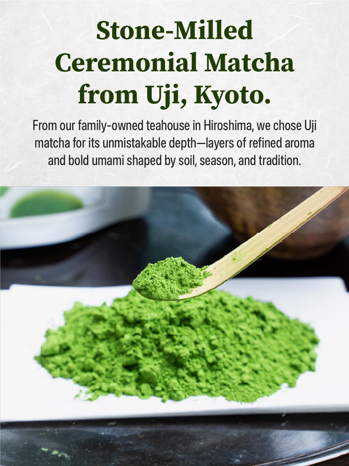 TAGASHIRA CHAHO hand-picked tea leaves in Uji fields conveying careful selection
