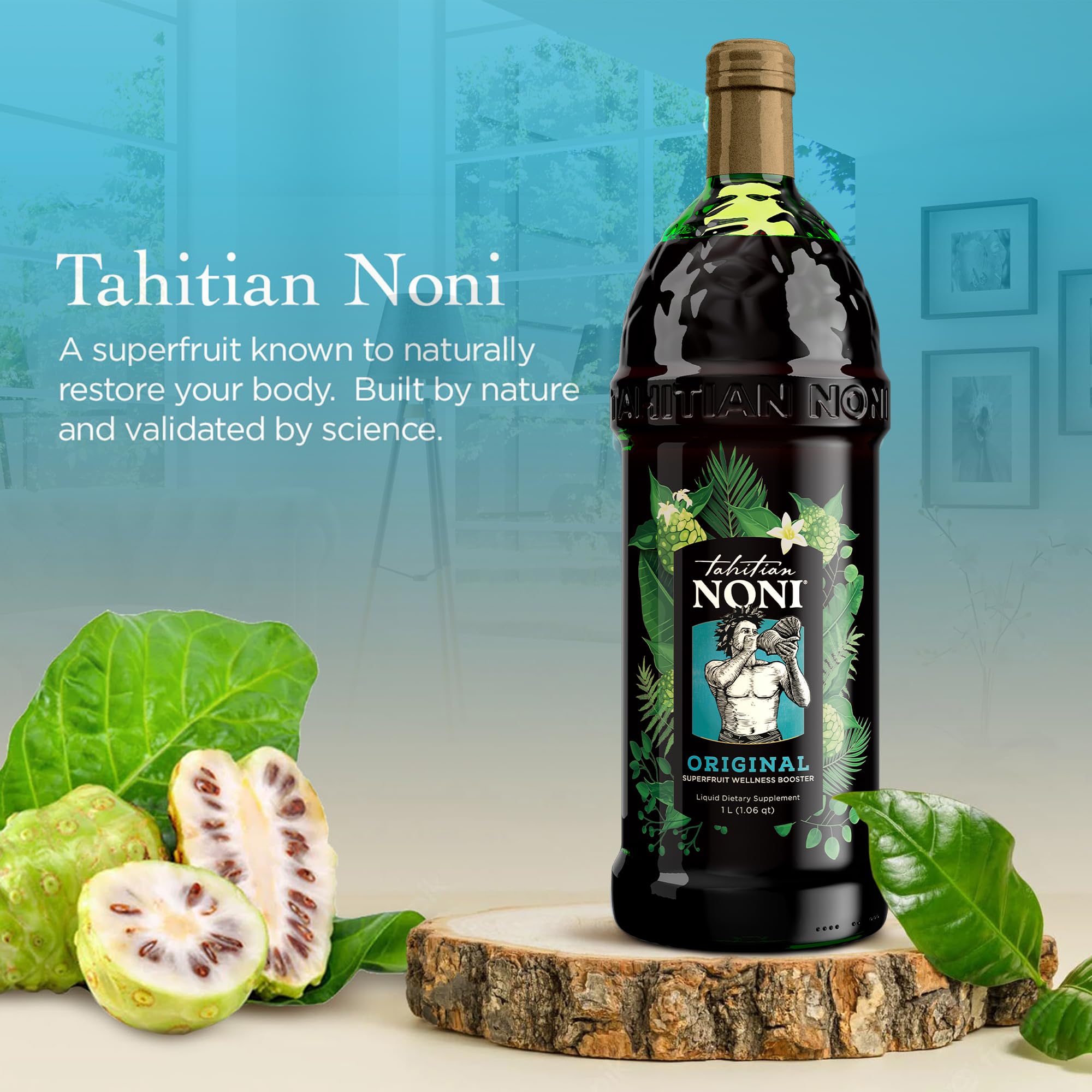 Tahitian Noni label close-up displaying ingredient clarity and standardized iridoids benefit