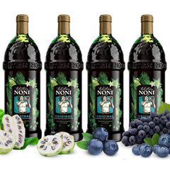 Tahitian Noni front packaging showing four 1L bottles and brand identity benefits