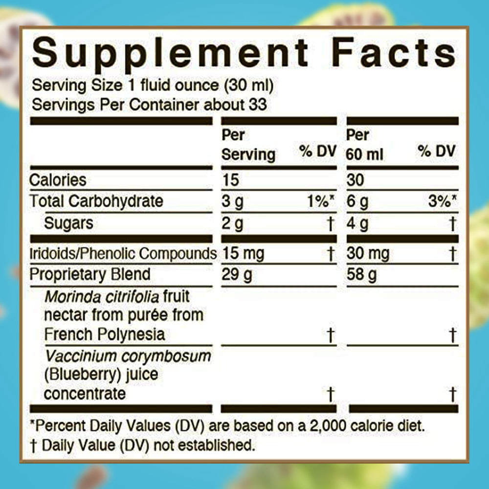 Tahitian Noni nutrition label detail showing ingredients and no added sugars clarity