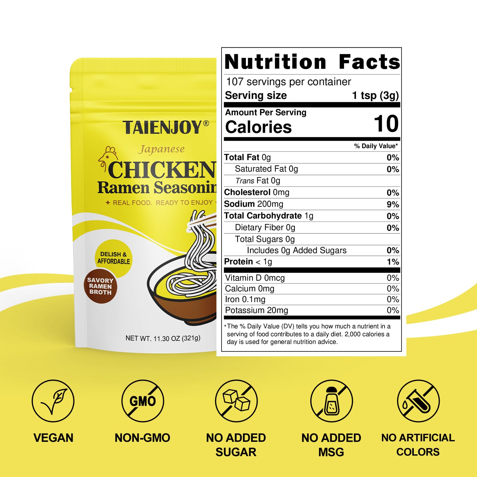 Taienjoy ingredient label closeup showing vegan, no MSG, low sodium benefits