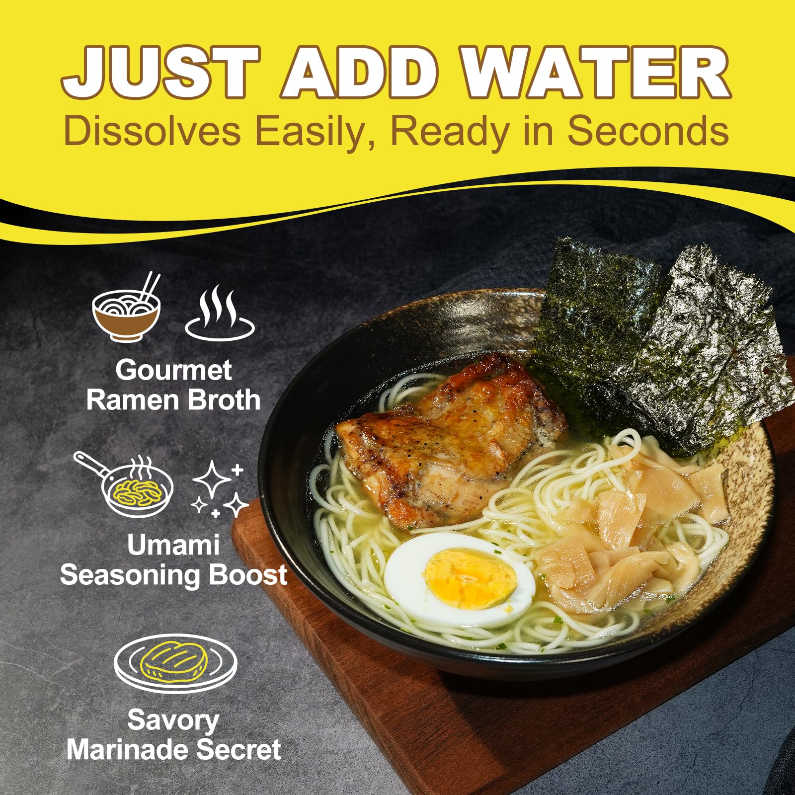 Taienjoy jar beside finished ramen bowl, enhances home-cooked presentation