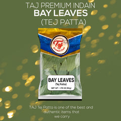 TAJ Gourmet Foods close-up of whole bay leaf texture highlighting aromatic oils and freshness