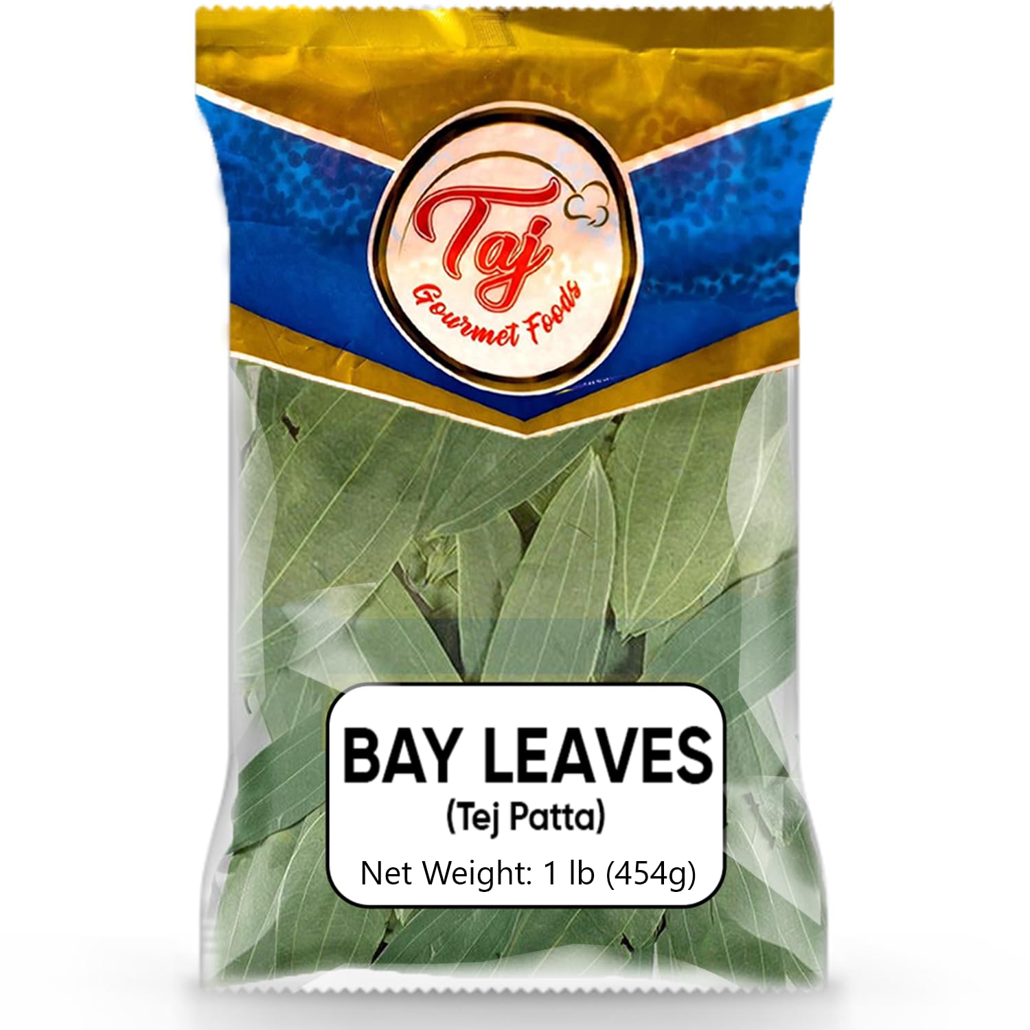 TAJ Gourmet Foods front packaging showing 16oz bulk bay leaves and clear branding for value