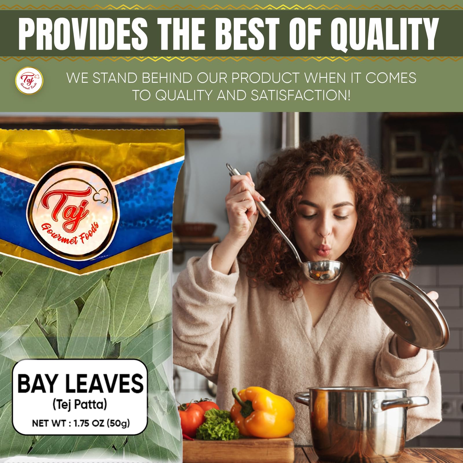 TAJ Gourmet Foods label and origin details showing Indian tej patta quality assurance