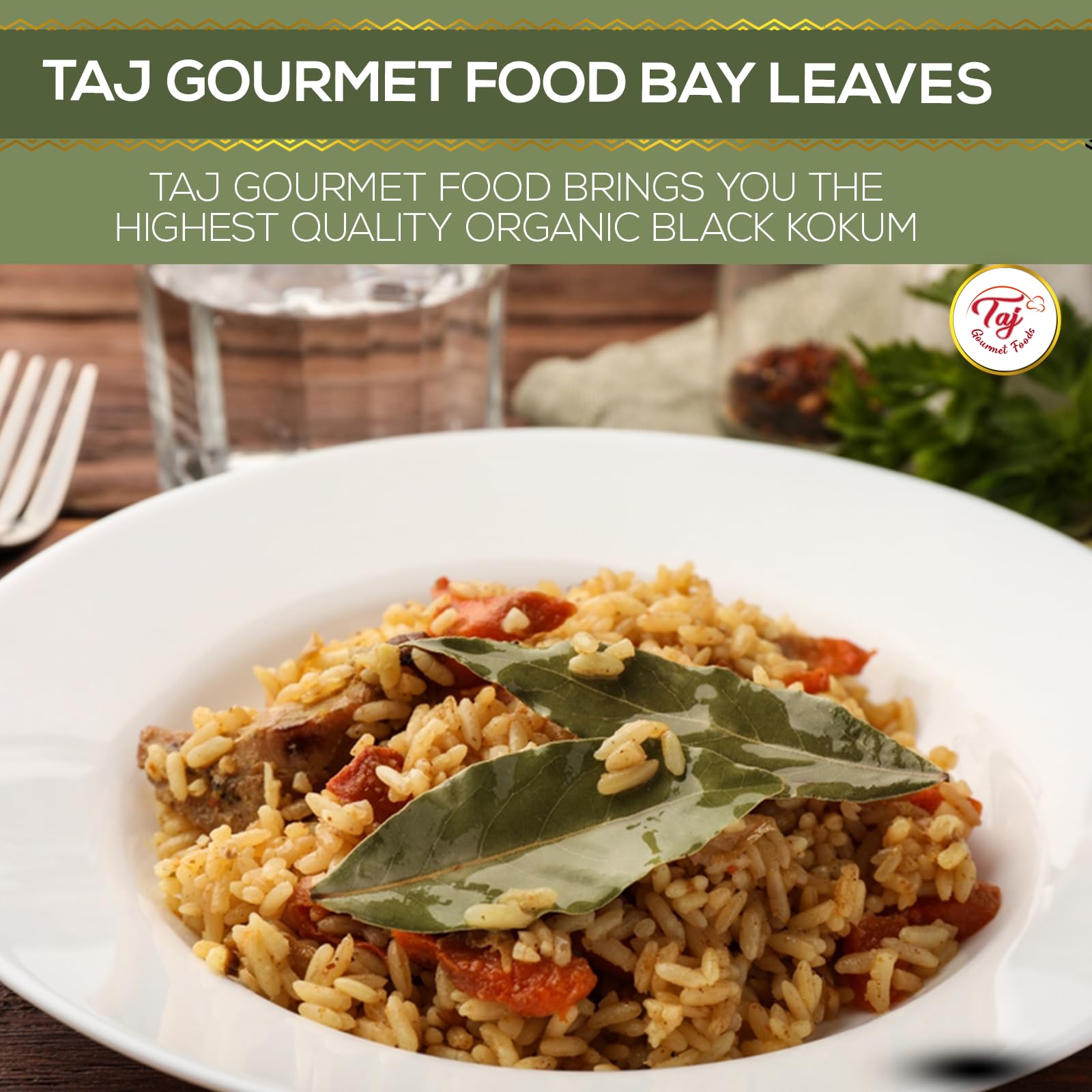 TAJ Gourmet Foods bay leaves on cutting board in kitchen conveying culinary and craft use