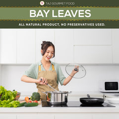 TAJ Gourmet Foods bay leaves on spoon for scale demonstrating generous 16oz supply