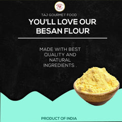 TAJ Besan Flour close-up texture showing fine grind for smooth batters benefit