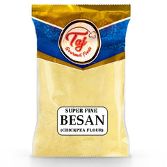 TAJ Besan Flour front packaging showing brand and 4-pound bag benefit clarity