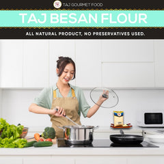 TAJ Besan Flour in bowl with spoon ready to mix for cooking convenience benefit