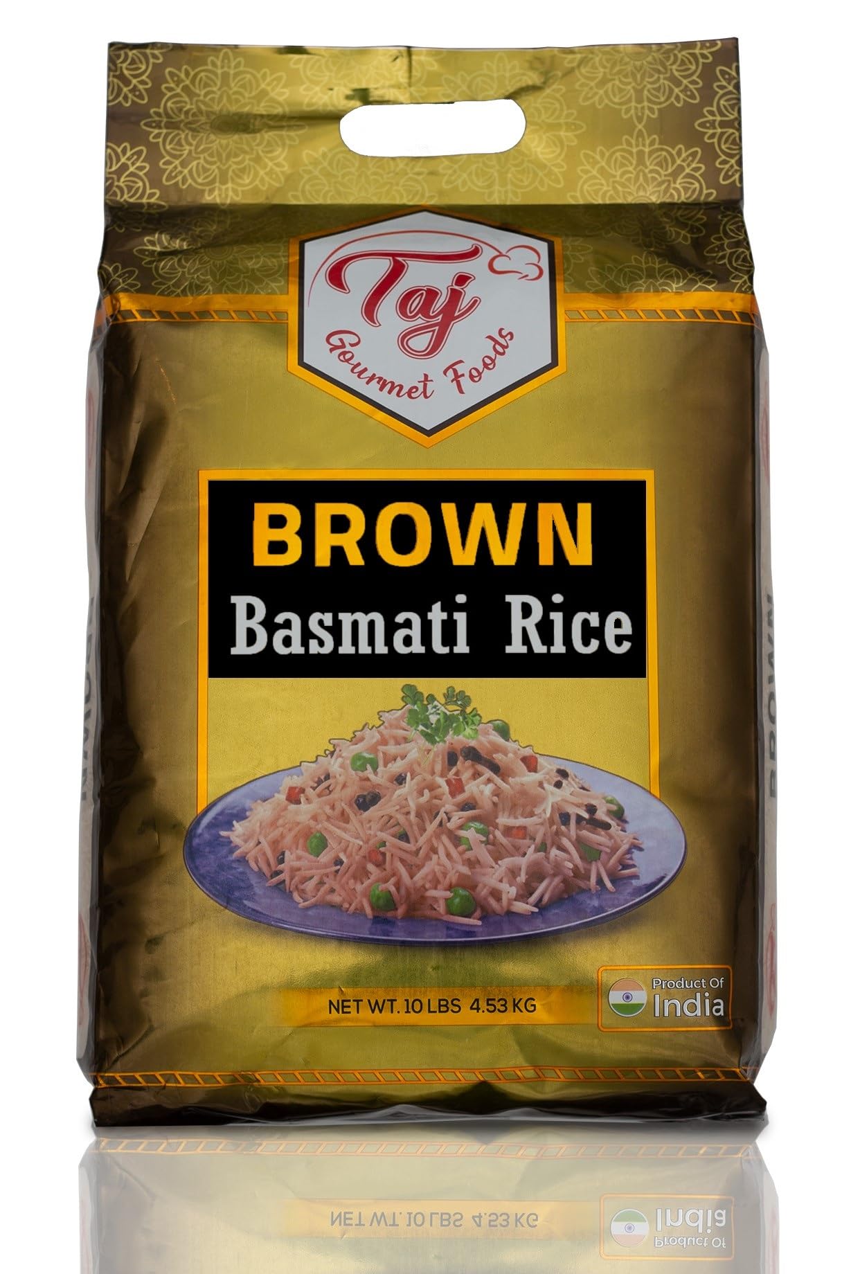 TAJ Gourmet front package showing 10-pound whole grain brown basmati benefit of long shelf supply