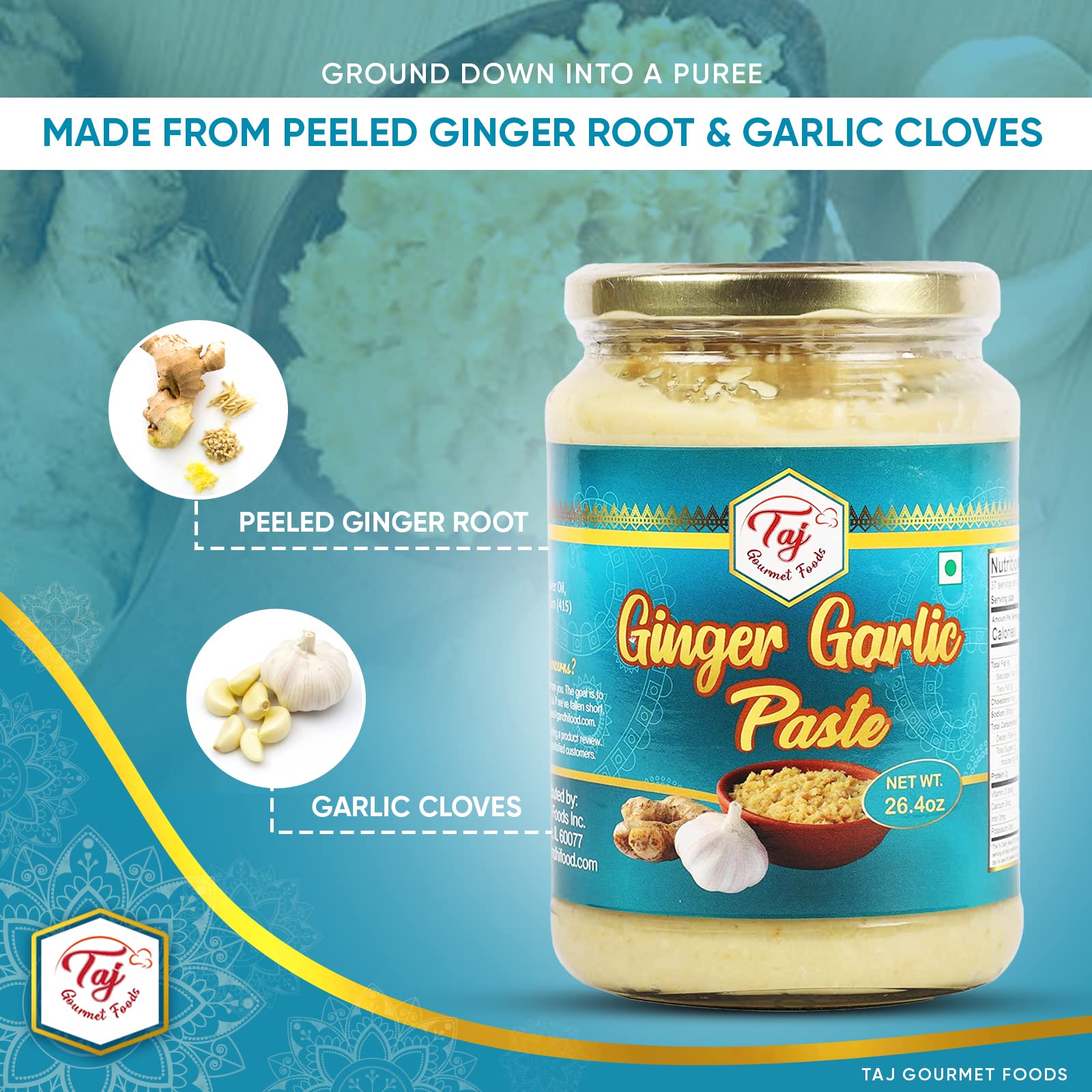 TAJ label close-up with ingredient clarity and gluten-free vegan notice