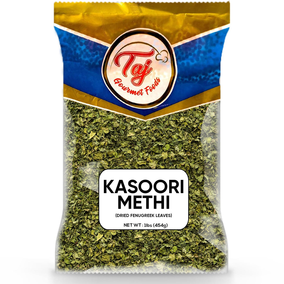 TAJ jar front view showing 1-pound kasoori methi for pantry convenience