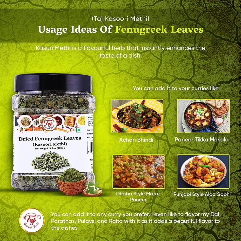 TAJ kasoori methi next to ruler showing 1-pound bulk scale