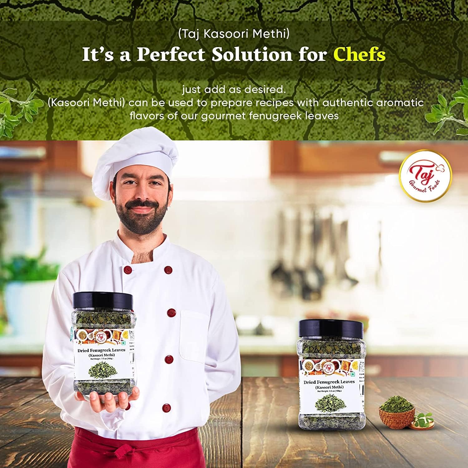 TAJ spoon holding kasoori methi portion for easy seasoning
