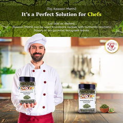 TAJ spoon holding kasoori methi portion for easy seasoning