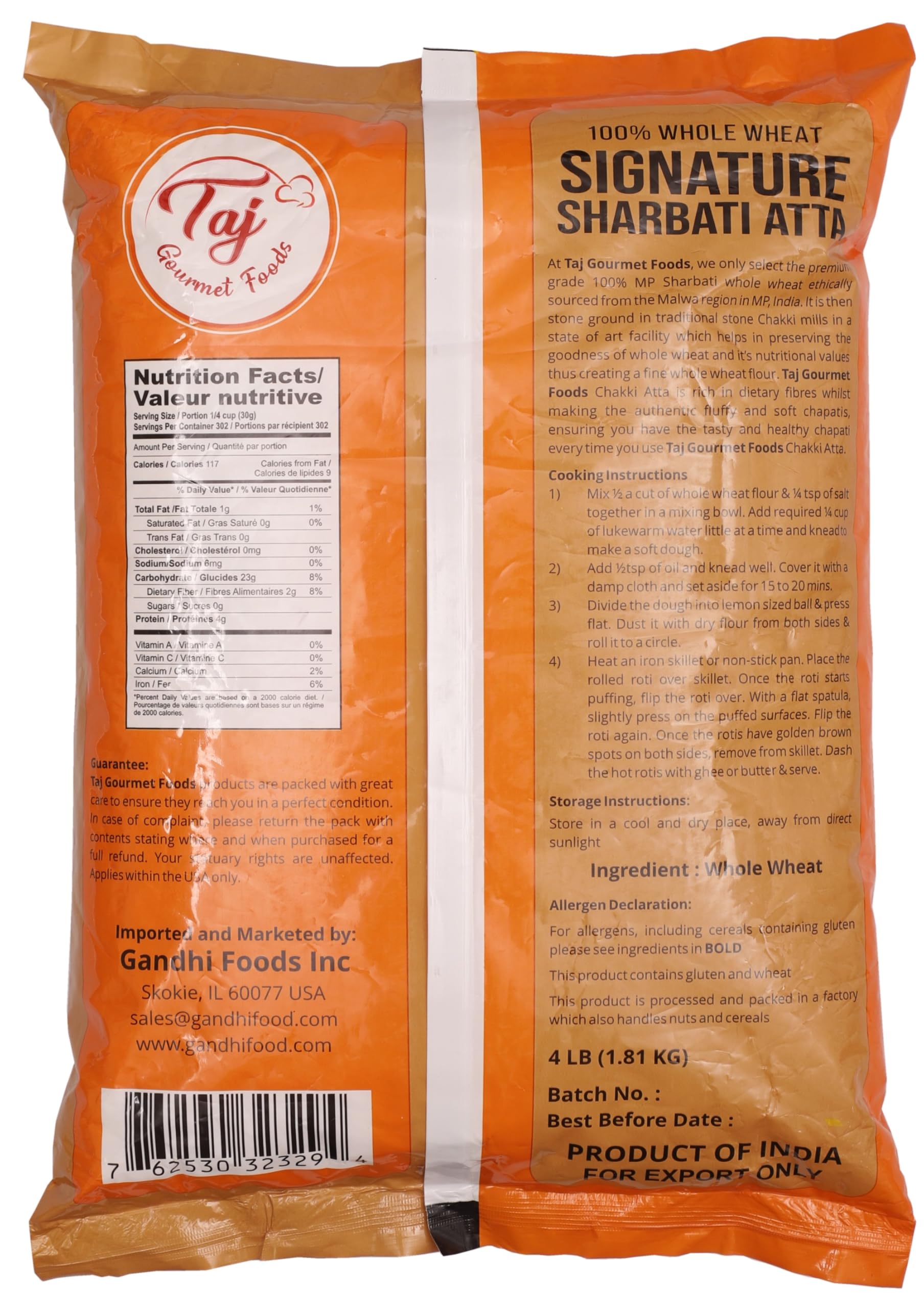 TAJ Gourmet Foods close-up of flour scoop highlighting fine grind