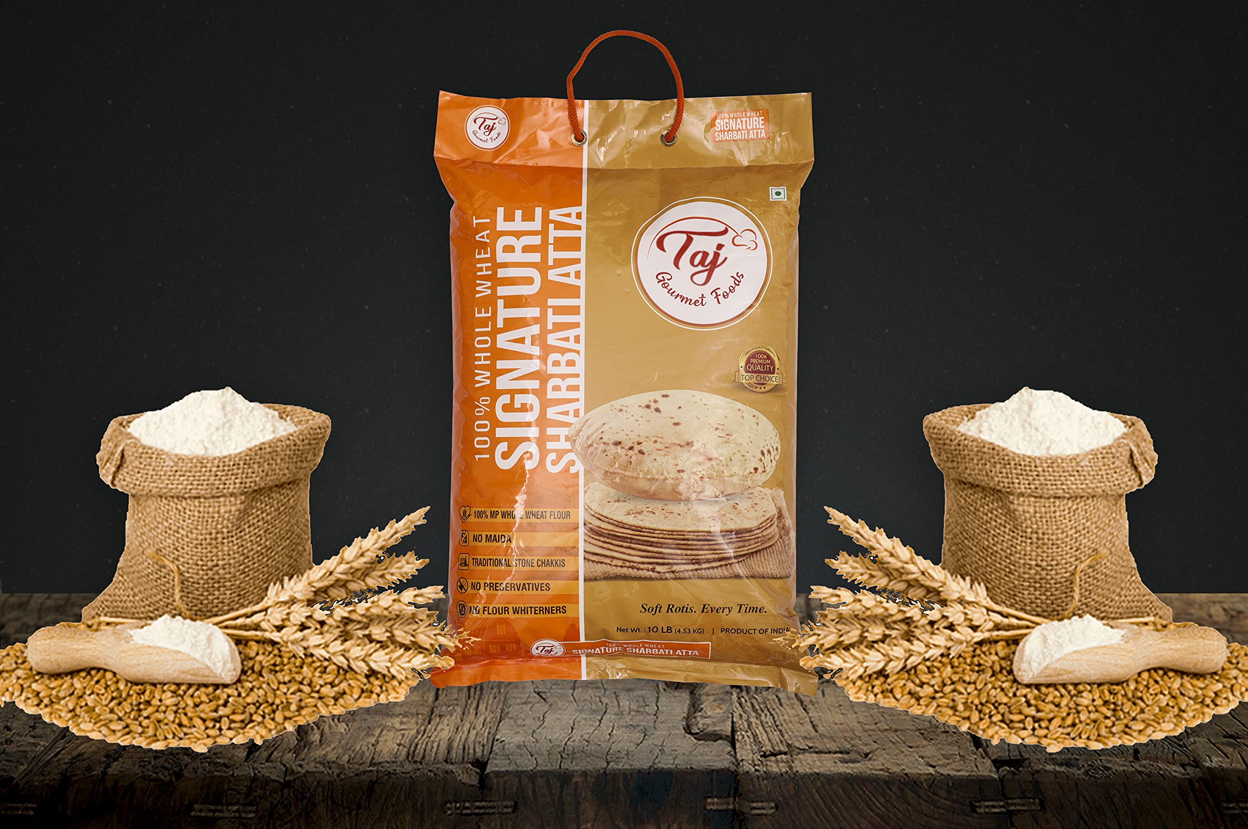 TAJ Gourmet Foods close-up of stone-ground flour texture highlighting natural whole-grain quality
