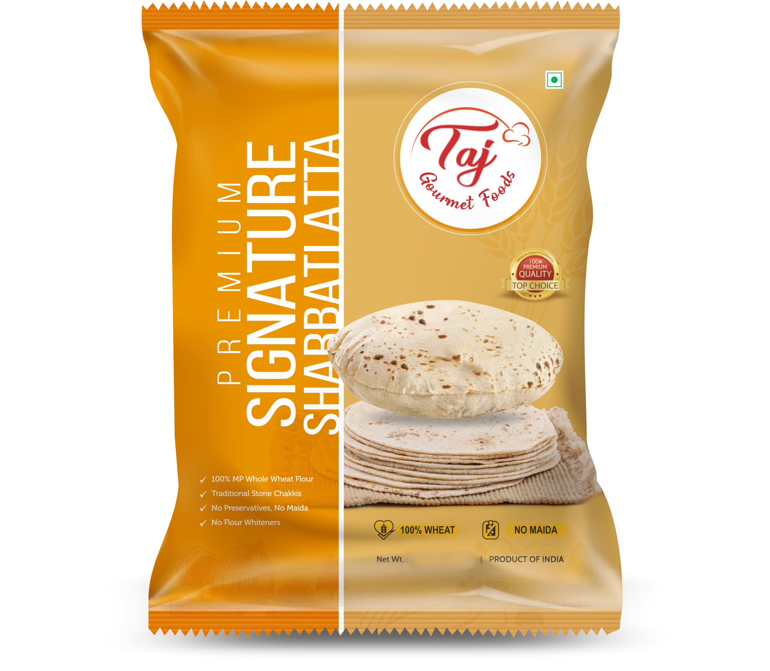 TAJ Gourmet Foods front packaging showing 4lb atta and benefits