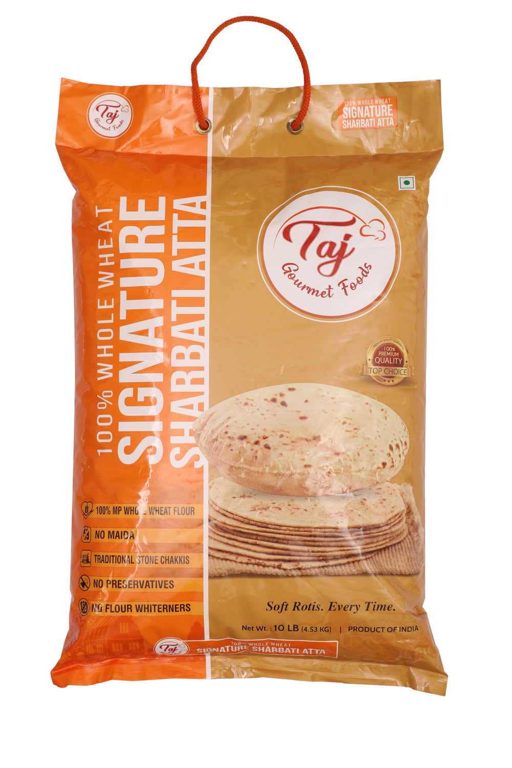 TAJ Gourmet Foods nutrition label closeup showing whole wheat info and no preservatives