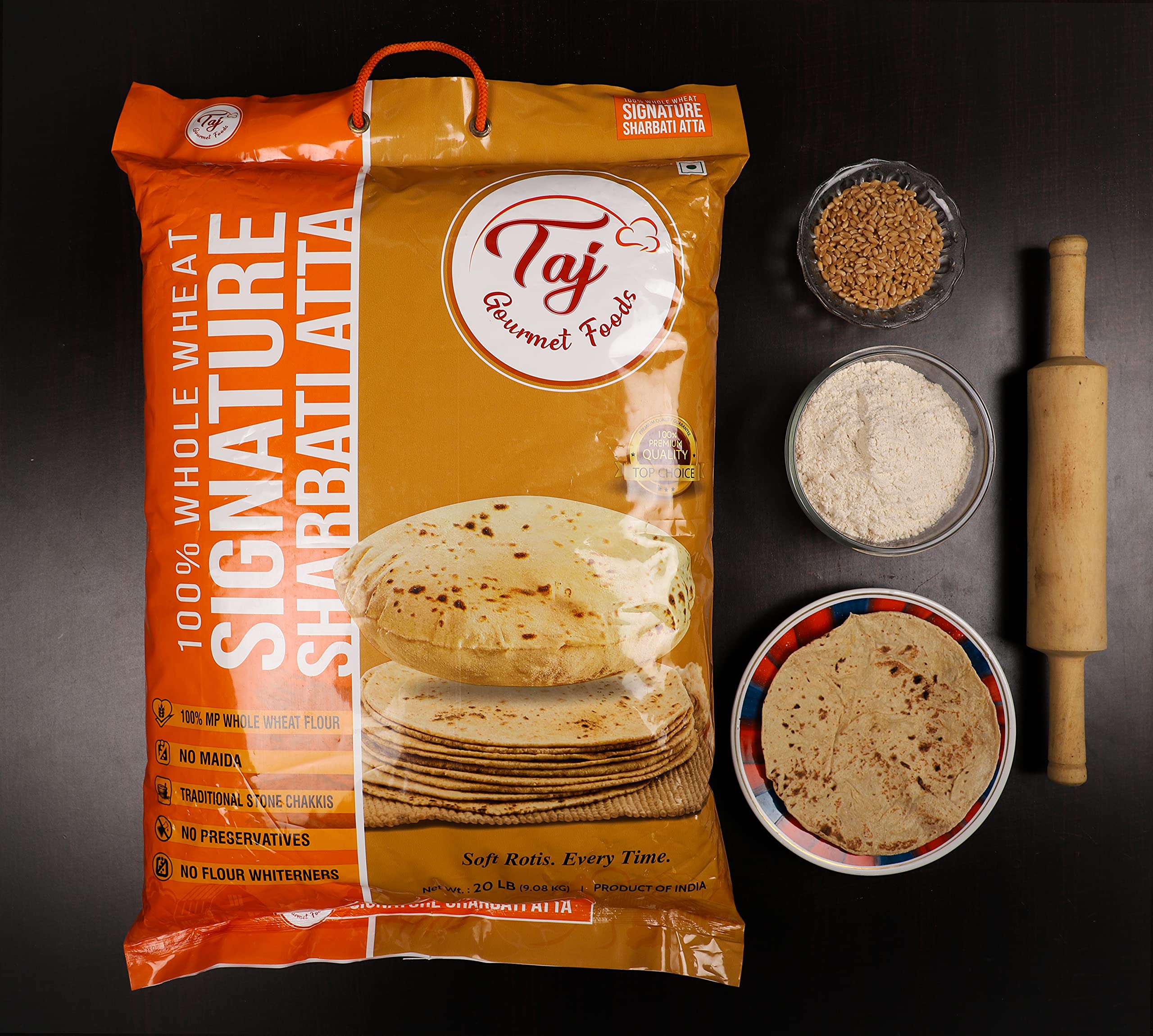 TAJ Gourmet Foods opened bag of atta displaying soft whole wheat flour for fresh dough
