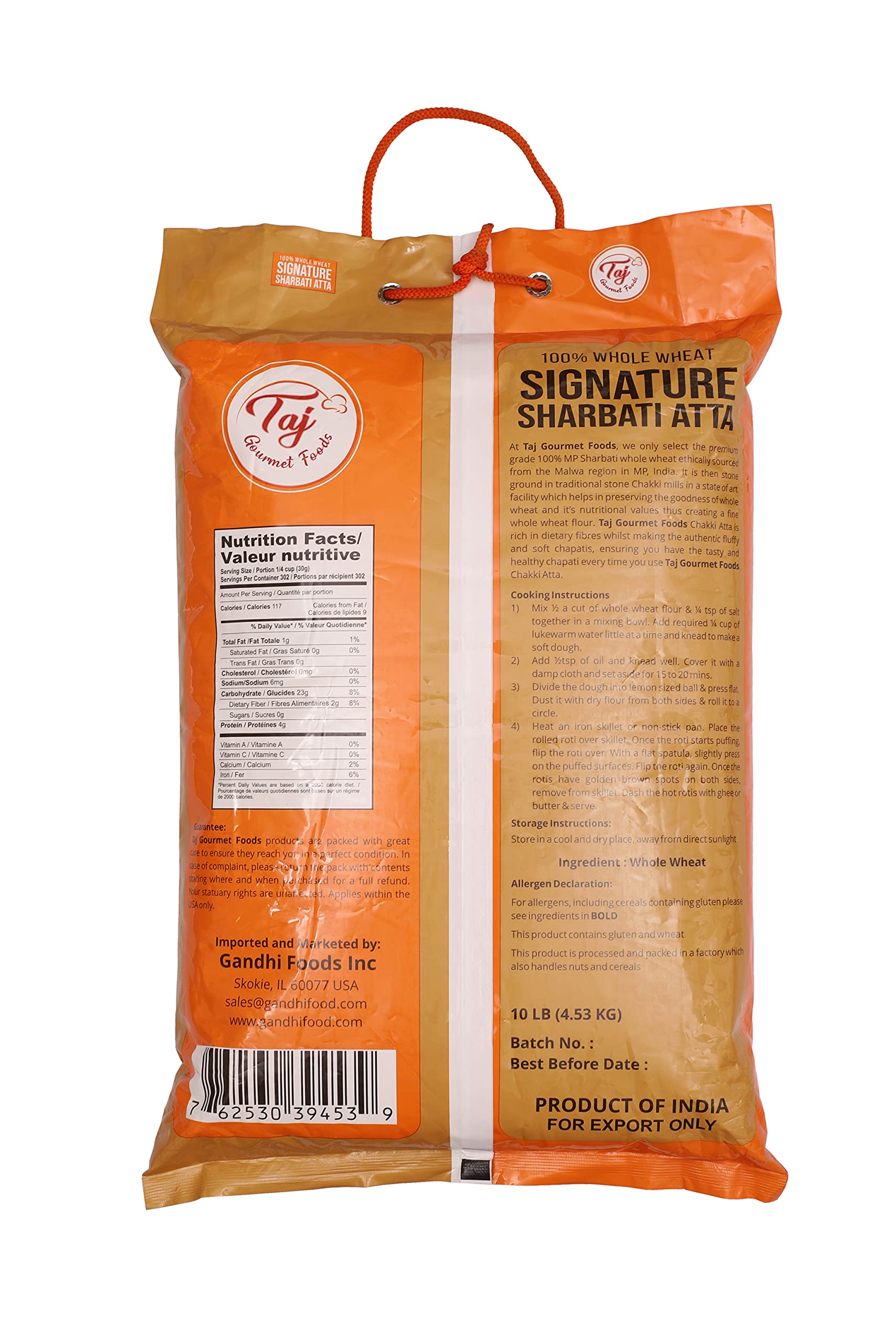 TAJ Gourmet Foods 10lb bag next to common kitchen items for scale and household portioning