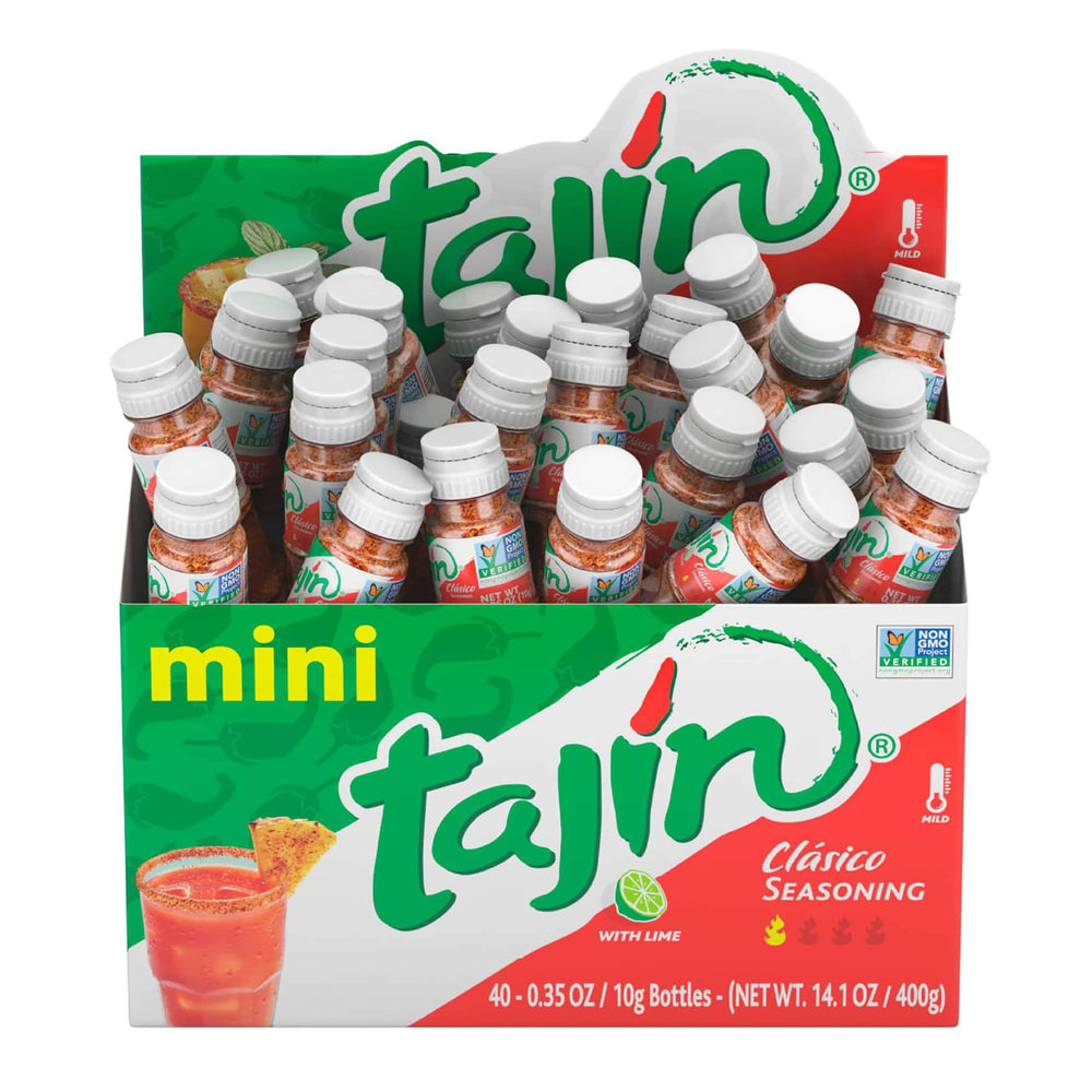 Tajín front pack of 40 mini shakers showing compact convenience and bold flavor
