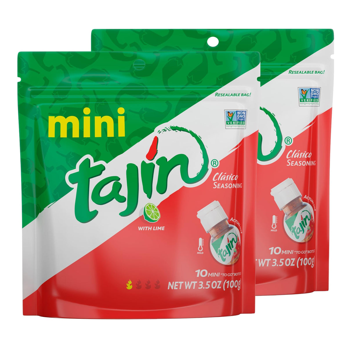 Tajín mini pouch front label showing brand and clear benefit of portable flavor