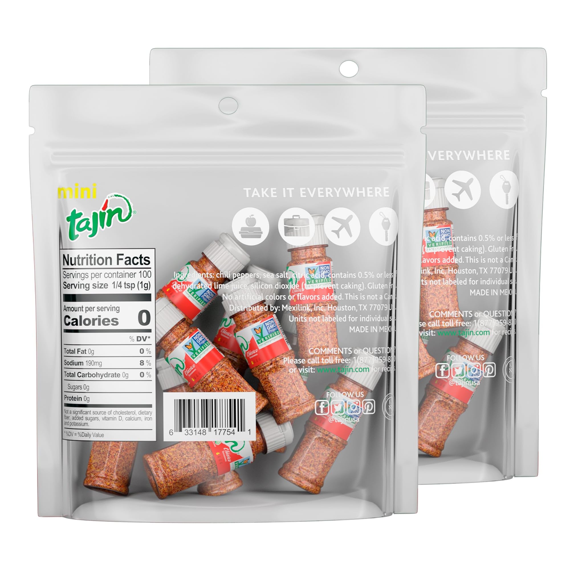 Tajín mini pouch side view displaying compact bottle and easy-grip convenience